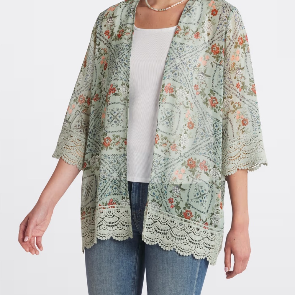 Floral Lace Trim Kimono Cardigan